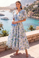 Load image into Gallery viewer, Floral Pink Puff Sleeves V-Neck A Line Maxi Formal Dress