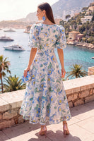 Load image into Gallery viewer, Floral Pink Puff Sleeves V-Neck A Line Maxi Formal Dress
