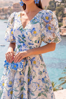 Load image into Gallery viewer, Floral Pink Puff Sleeves V-Neck A Line Maxi Formal Dress