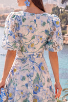 Load image into Gallery viewer, Floral Pink Puff Sleeves V-Neck A Line Maxi Formal Dress