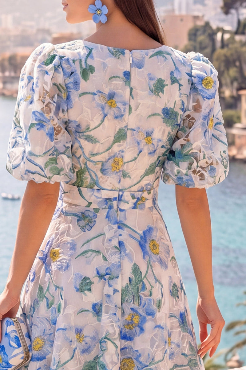 Load image into Gallery viewer, Floral Pink Puff Sleeves V-Neck A Line Maxi Formal Dress