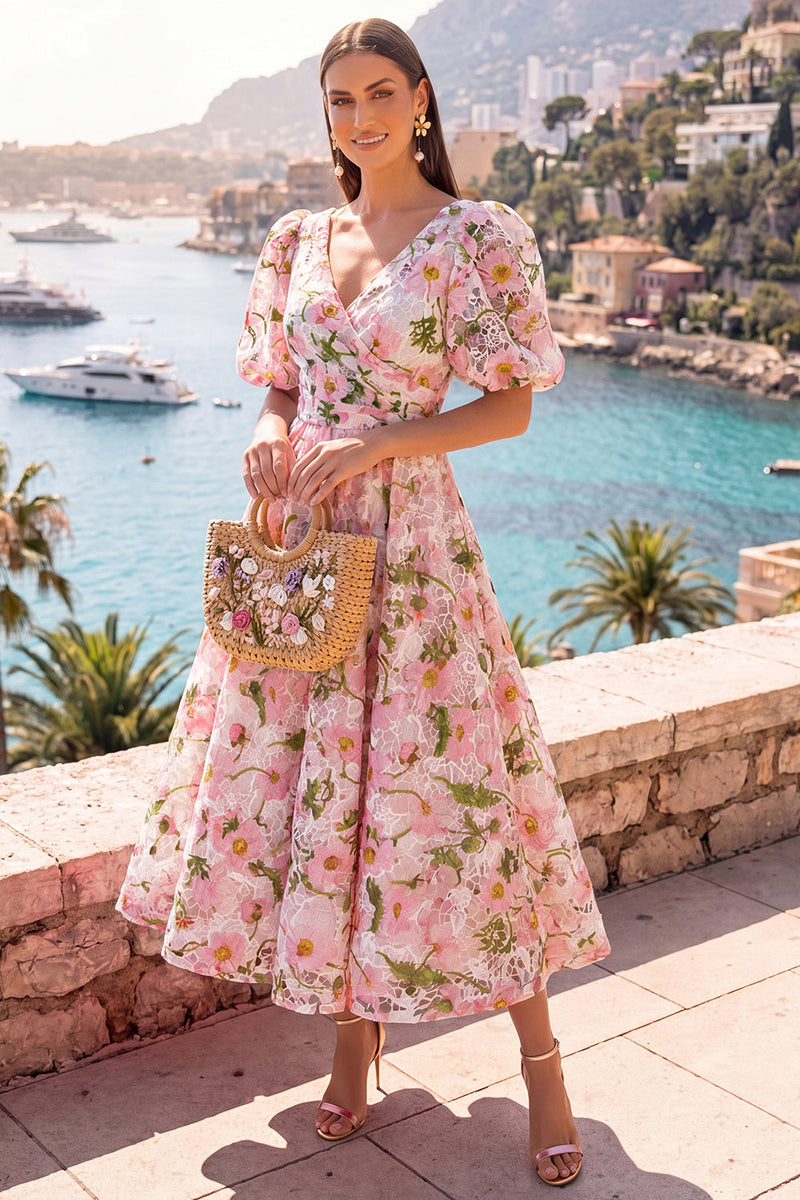 Load image into Gallery viewer, Floral Pink Puff Sleeves V-Neck A Line Maxi Formal Dress