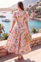 Load image into Gallery viewer, Floral Pink Puff Sleeves V-Neck A Line Maxi Formal Dress