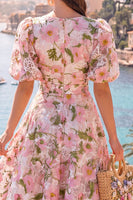 Load image into Gallery viewer, Floral Pink Puff Sleeves V-Neck A Line Maxi Formal Dress
