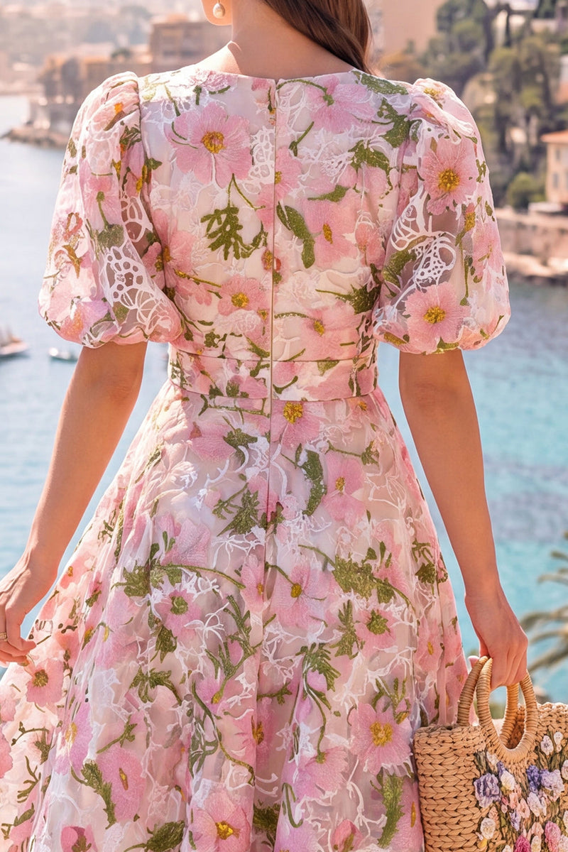 Load image into Gallery viewer, Floral Pink Puff Sleeves V-Neck A Line Maxi Formal Dress