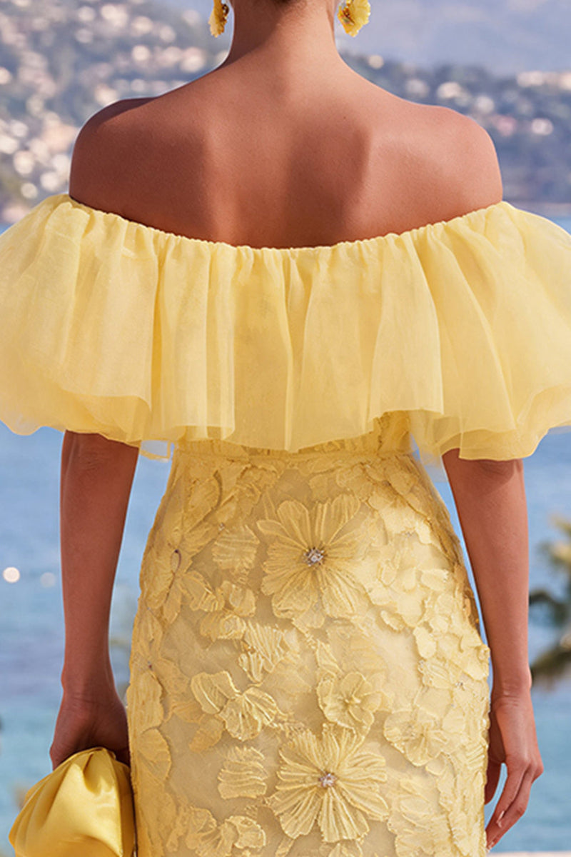 Load image into Gallery viewer, Butter Yellow Floral Beaded Sheath Maxi Formal Dress with Ruffles