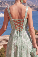 Load image into Gallery viewer, Green Beaded A Line Square Neck Floral Maxi Formal Dress