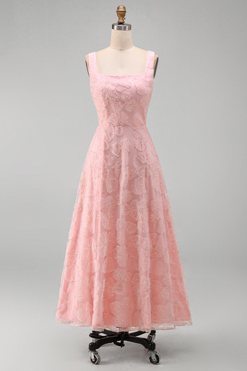 Load image into Gallery viewer, Green Beaded A Line Square Neck Floral Maxi Formal Dress