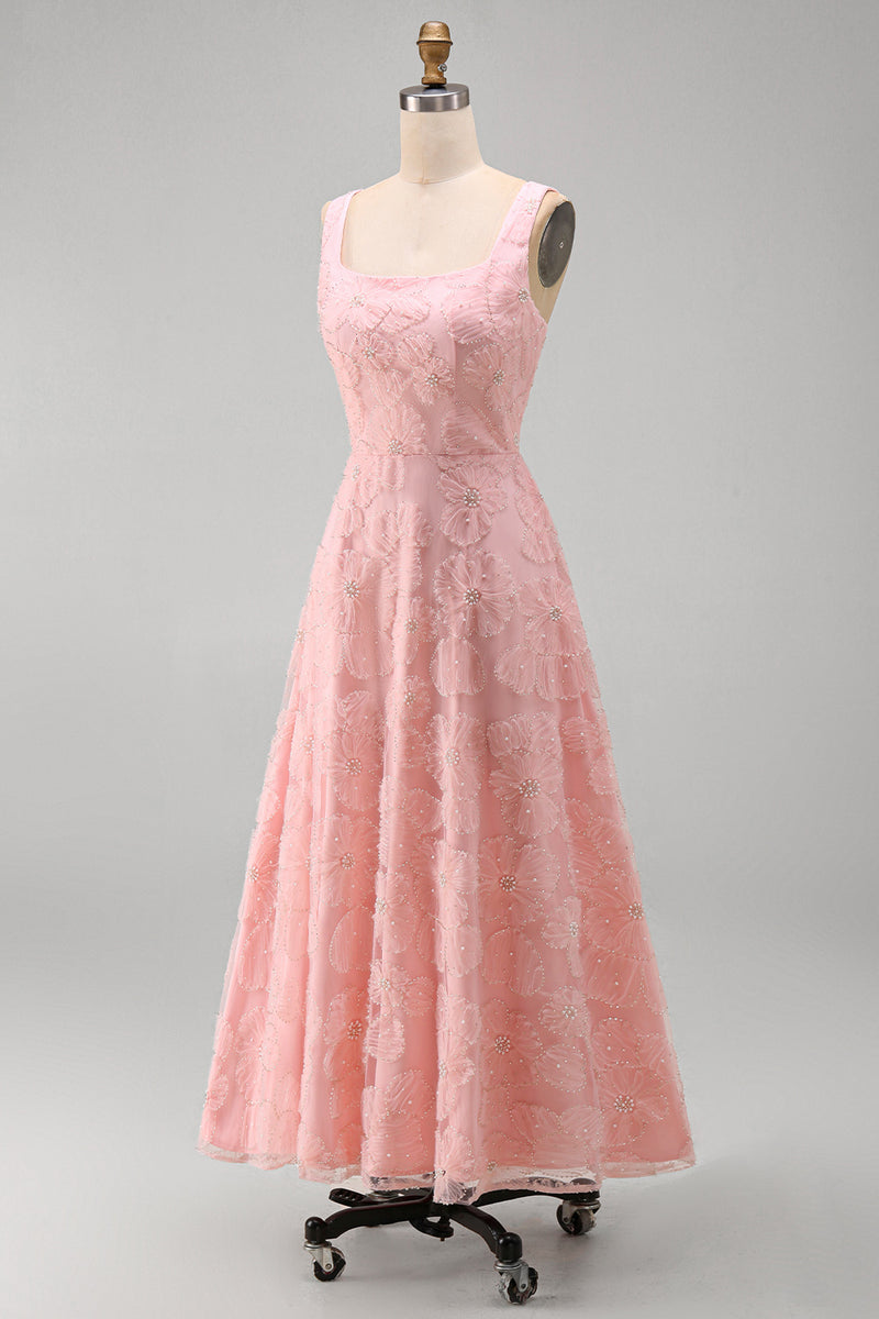 Load image into Gallery viewer, Green Beaded A Line Square Neck Floral Maxi Formal Dress