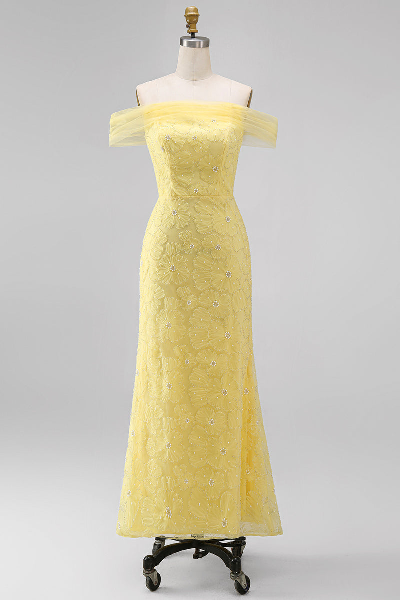 Load image into Gallery viewer, Sage Green Beaded A Line Floral Off the Shoulder Maxi Formal Dress