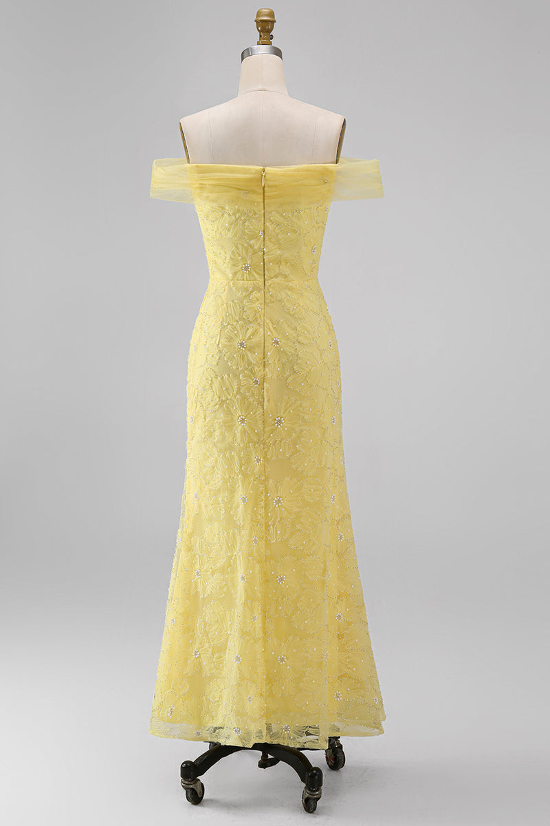 Load image into Gallery viewer, Sage Green Beaded A Line Floral Off the Shoulder Maxi Formal Dress