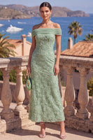 Load image into Gallery viewer, Sage Green Beaded A Line Floral Off the Shoulder Maxi Formal Dress