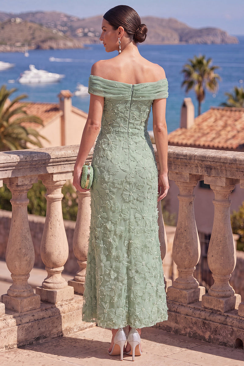 Load image into Gallery viewer, Sage Green Beaded A Line Floral Off the Shoulder Maxi Formal Dress