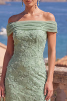 Load image into Gallery viewer, Sage Green Beaded A Line Floral Off the Shoulder Maxi Formal Dress