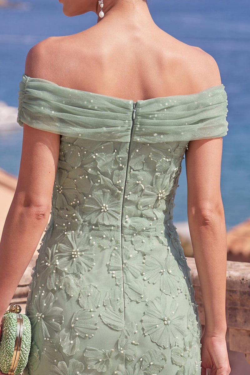 Load image into Gallery viewer, Sage Green Beaded A Line Floral Off the Shoulder Maxi Formal Dress
