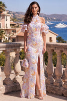 Load image into Gallery viewer, Floral Blue Purple Beaded Mermaid Ruffled Maxi Formal Dress with Slit