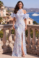 Load image into Gallery viewer, Floral Blue Purple Beaded Mermaid Ruffled Maxi Formal Dress with Slit