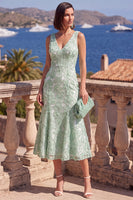 Load image into Gallery viewer, Sage Green Floral Beaded Mermaid V-Neck Maxi Formal Dress