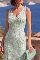 Load image into Gallery viewer, Sage Green Floral Beaded Mermaid V-Neck Maxi Formal Dress