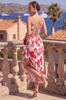 Load image into Gallery viewer, Pink Red Flower Ruffled Mermaid Long Formal Dress with Slit
