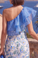 Load image into Gallery viewer, Floral Pink Ruffled Sheath Maxi Formal Dress with Slit
