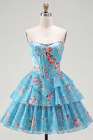 Load image into Gallery viewer, Pink A Line Floral Fringed Strapless Short Corset Homecoming Dress with Ruffles