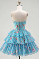 Load image into Gallery viewer, Pink A Line Floral Fringed Strapless Short Corset Homecoming Dress with Ruffles