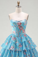 Load image into Gallery viewer, Pink A Line Floral Fringed Strapless Short Corset Homecoming Dress with Ruffles