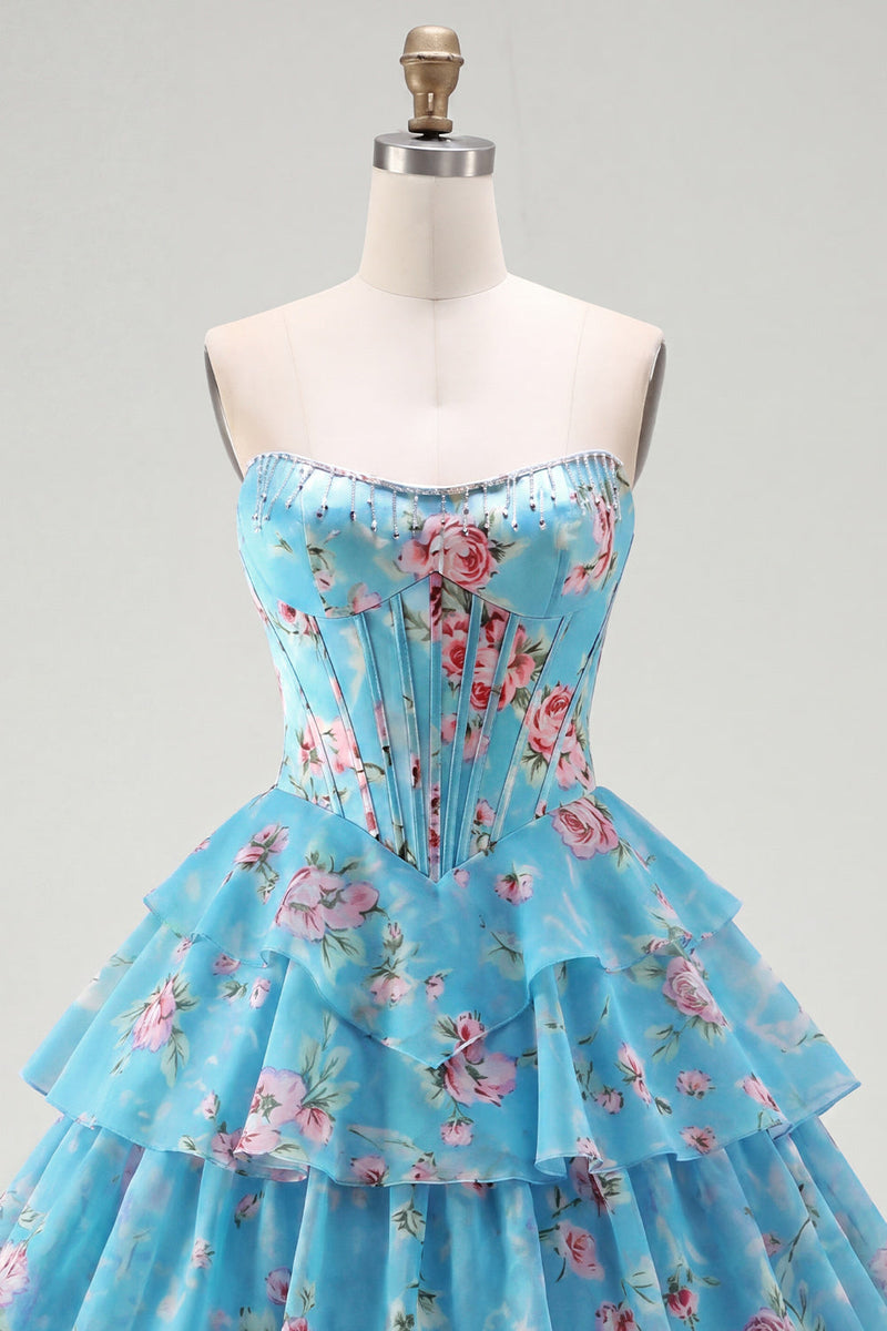 Load image into Gallery viewer, Pink A Line Floral Fringed Strapless Short Corset Homecoming Dress with Ruffles