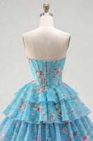 Load image into Gallery viewer, Pink A Line Floral Fringed Strapless Short Corset Homecoming Dress with Ruffles