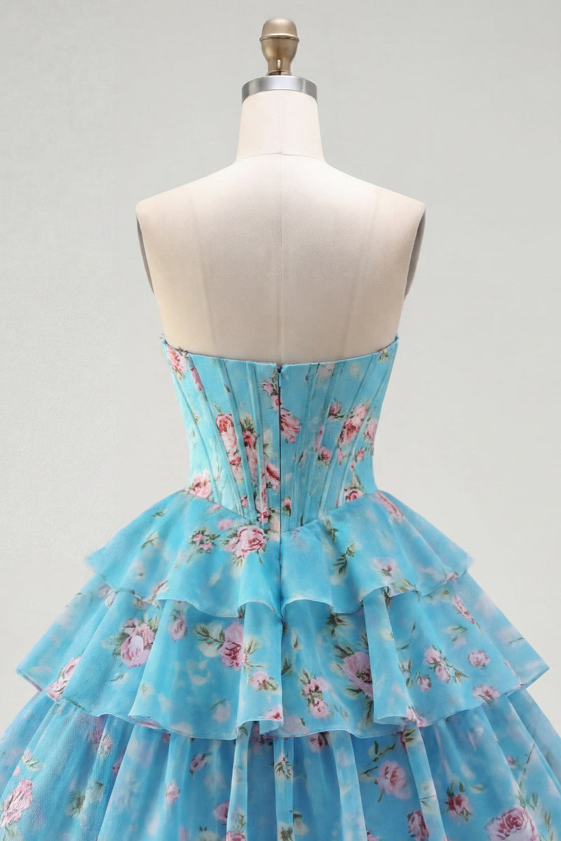 Load image into Gallery viewer, Pink A Line Floral Fringed Strapless Short Corset Homecoming Dress with Ruffles