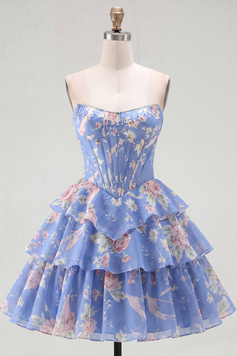 Load image into Gallery viewer, Pink A Line Floral Fringed Strapless Short Corset Homecoming Dress with Ruffles