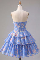 Load image into Gallery viewer, Pink A Line Floral Fringed Strapless Short Corset Homecoming Dress with Ruffles