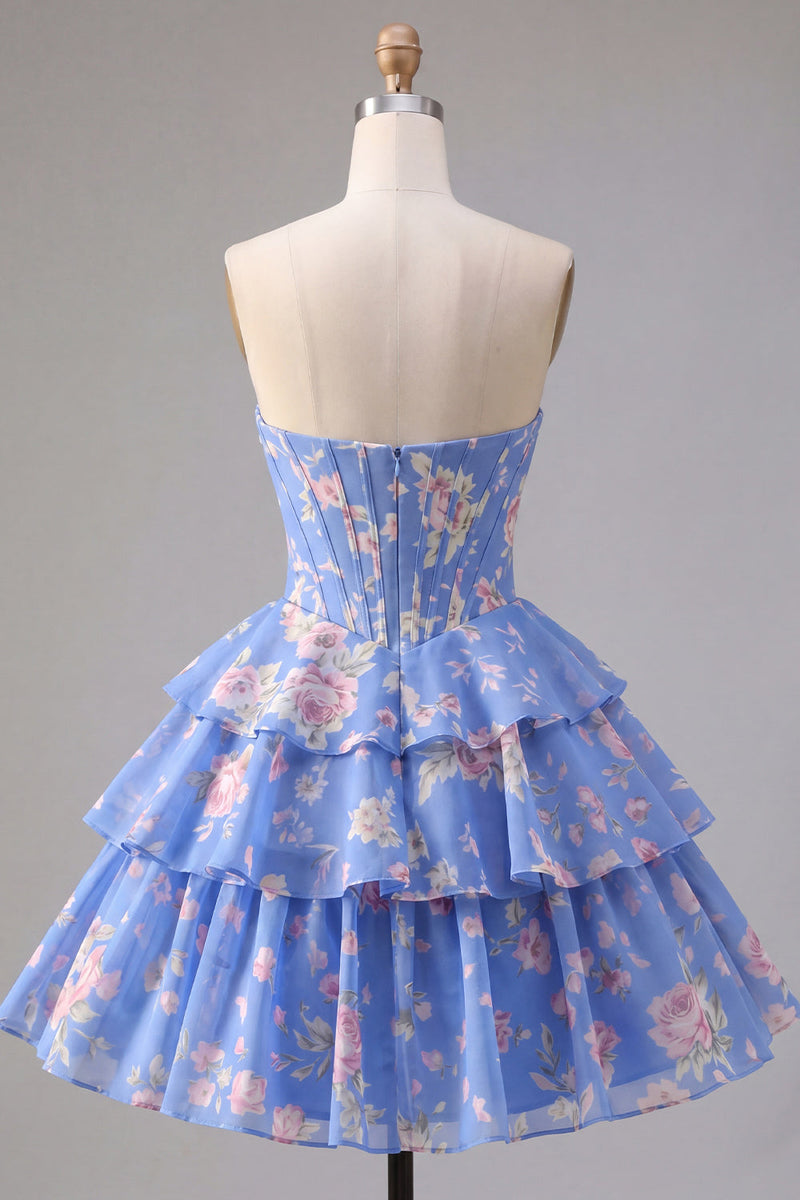 Load image into Gallery viewer, Pink A Line Floral Fringed Strapless Short Corset Homecoming Dress with Ruffles