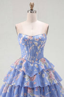 Load image into Gallery viewer, Pink A Line Floral Fringed Strapless Short Corset Homecoming Dress with Ruffles