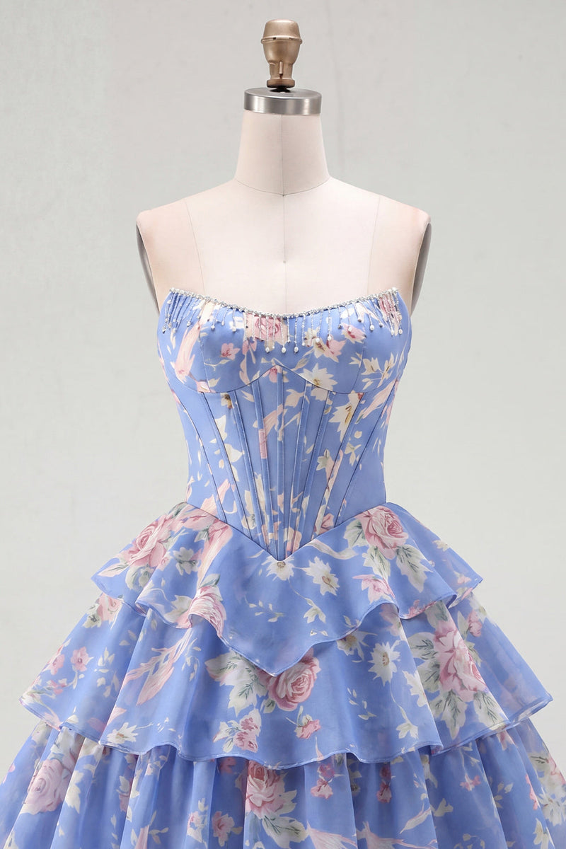 Load image into Gallery viewer, Pink A Line Floral Fringed Strapless Short Corset Homecoming Dress with Ruffles