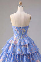 Load image into Gallery viewer, Pink A Line Floral Fringed Strapless Short Corset Homecoming Dress with Ruffles