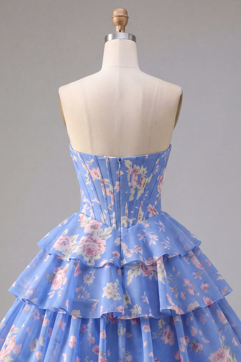 Load image into Gallery viewer, Pink A Line Floral Fringed Strapless Short Corset Homecoming Dress with Ruffles
