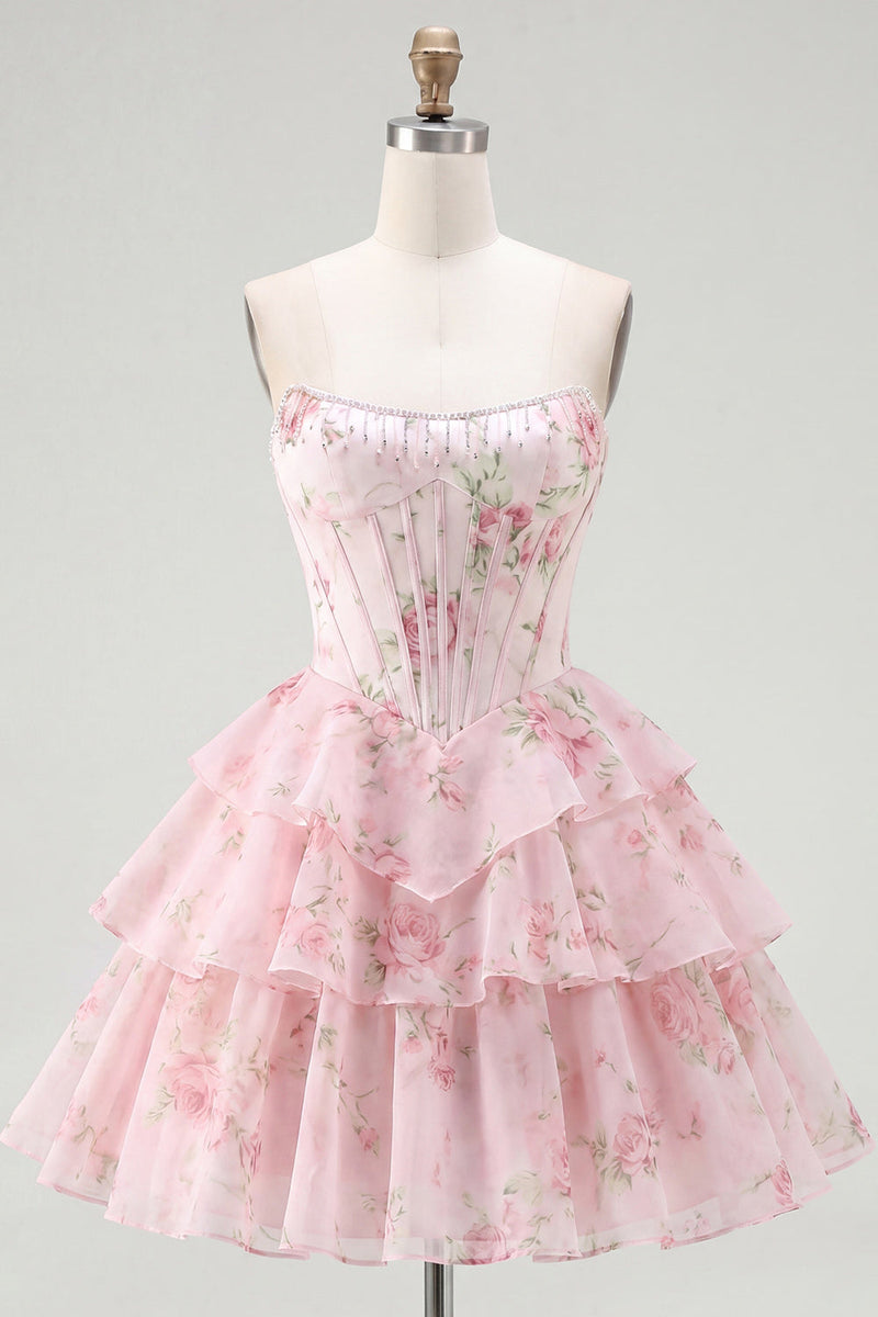 Load image into Gallery viewer, Pink A Line Floral Fringed Strapless Short Corset Homecoming Dress with Ruffles