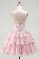 Load image into Gallery viewer, Pink A Line Floral Fringed Strapless Short Corset Homecoming Dress with Ruffles