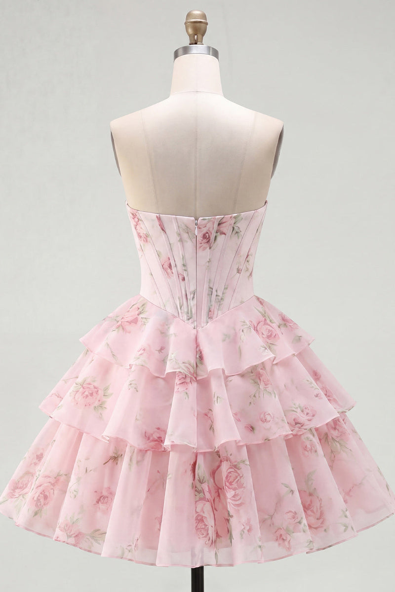 Load image into Gallery viewer, Pink A Line Floral Fringed Strapless Short Corset Homecoming Dress with Ruffles