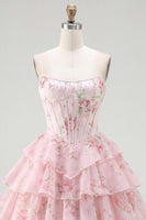 Load image into Gallery viewer, Pink A Line Floral Fringed Strapless Short Corset Homecoming Dress with Ruffles