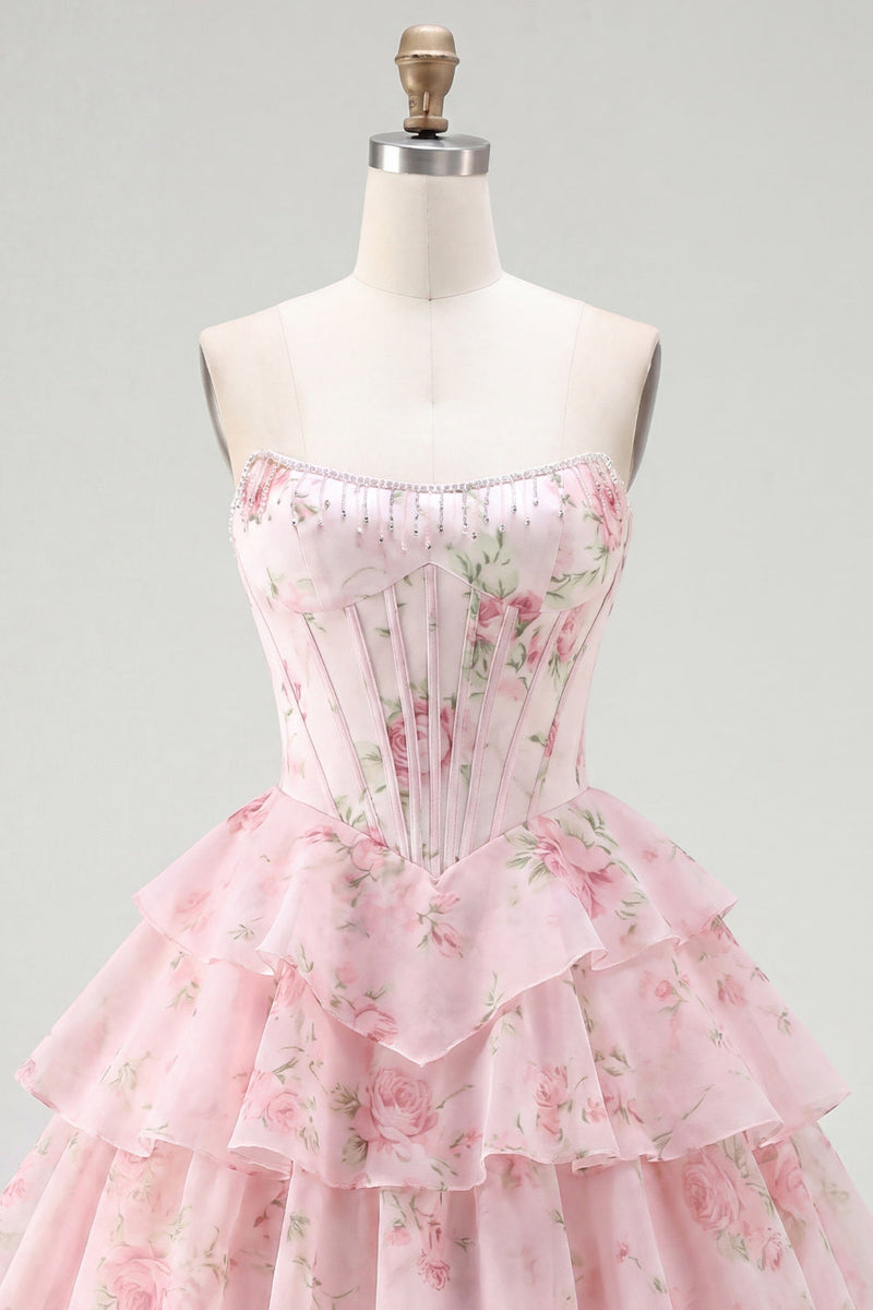 Load image into Gallery viewer, Pink A Line Floral Fringed Strapless Short Corset Homecoming Dress with Ruffles