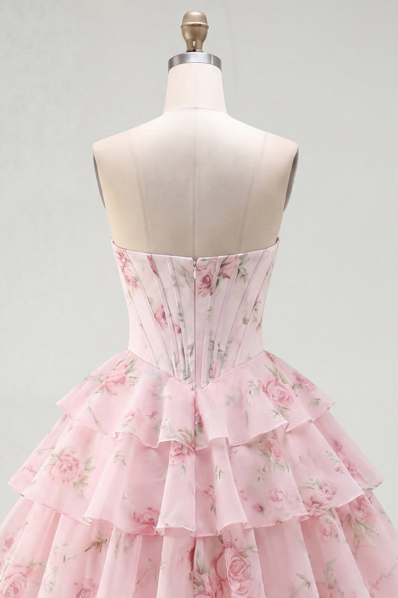 Load image into Gallery viewer, Pink A Line Floral Fringed Strapless Short Corset Homecoming Dress with Ruffles