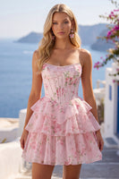 Load image into Gallery viewer, Pink A Line Floral Fringed Strapless Short Corset Homecoming Dress with Ruffles