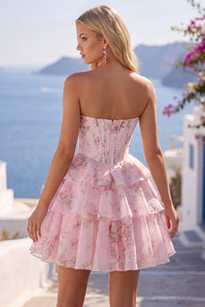 Pink A Line Floral Fringed Strapless Short Corset Homecoming Dress with Ruffles