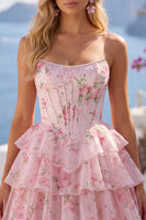 Load image into Gallery viewer, Pink A Line Floral Fringed Strapless Short Corset Homecoming Dress with Ruffles
