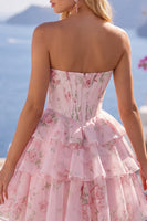 Load image into Gallery viewer, Pink A Line Floral Fringed Strapless Short Corset Homecoming Dress with Ruffles
