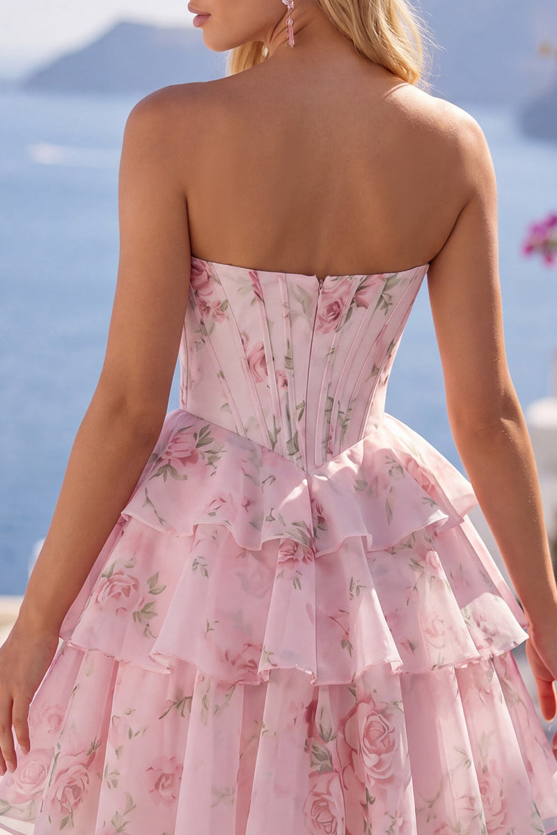 Load image into Gallery viewer, Pink A Line Floral Fringed Strapless Short Corset Homecoming Dress with Ruffles