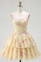 Load image into Gallery viewer, Pink A Line Floral Fringed Strapless Short Corset Homecoming Dress with Ruffles